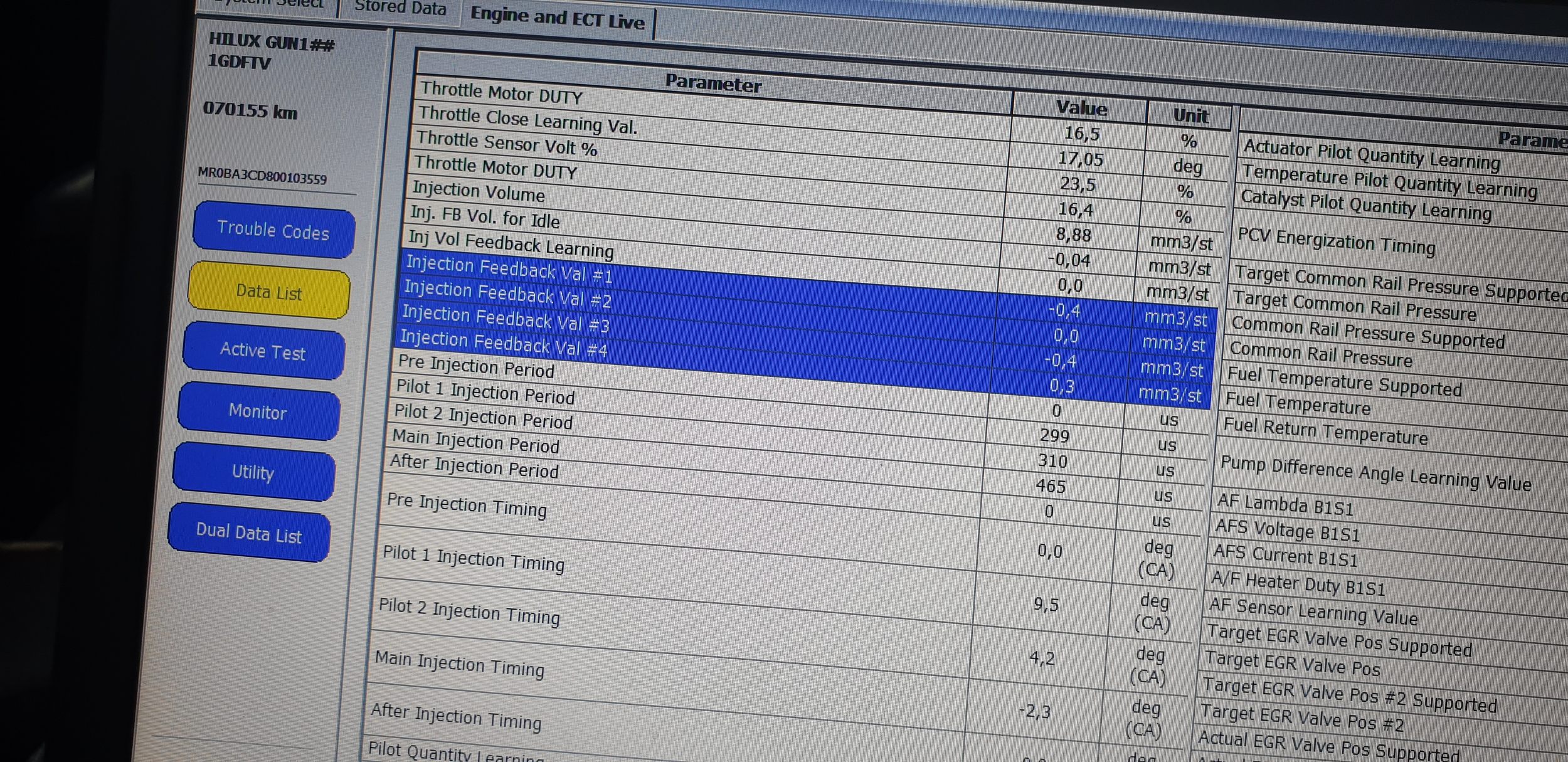 Rail pressure. Показания форсунок 1vdftv. Injection feedback value показатель. Pilot Injection timing d4. Pilot Quantity Learning detail.