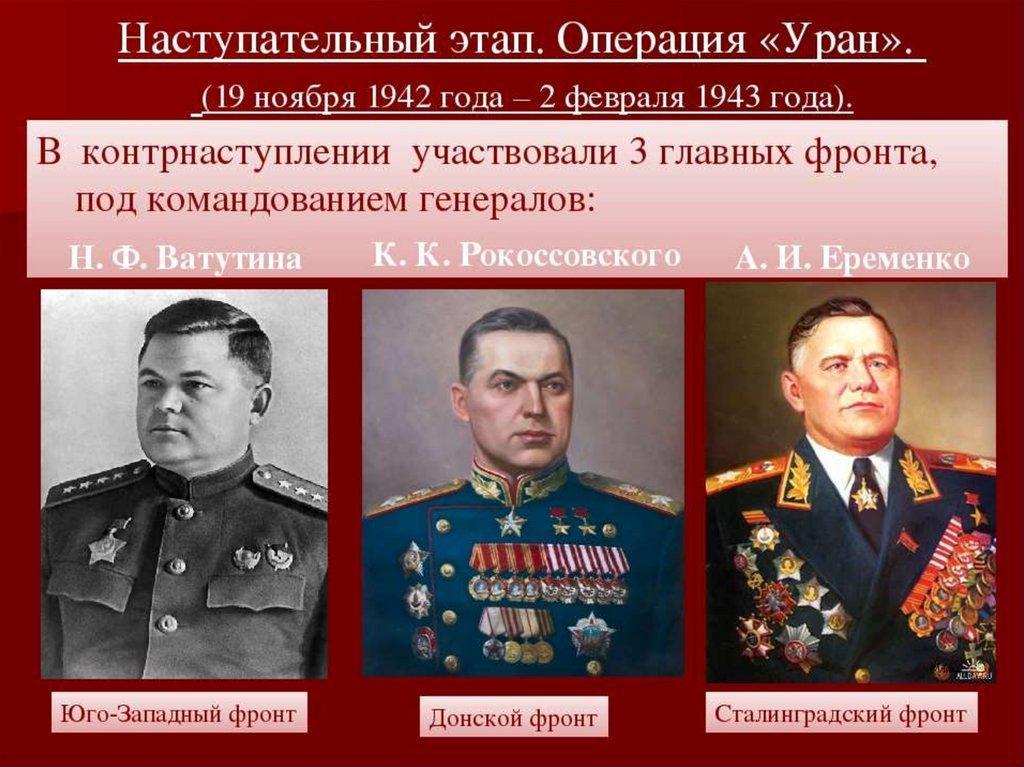 Командующий сталинградским фронтом в 1942. Сталинградская битва (19 ноября 1942 года – 2 февраля 1943 года) –. Сталинградская битва полководцы и фронты. Юго-Западный фронт Сталинградская битва главнокомандующие. Ватутин Рокоссовский Еременко.